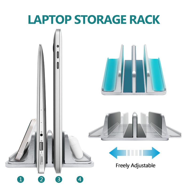 ULBRE Vertical Laptop Stand for Desk Aluminum Heavy Duty, 4 Slots Adjustable Laptop Holder MacBook Stands Compatible All iPad Surface Samsung HP Chromebook iPad Pro Air Upto 17.5'- Silver - Image 2